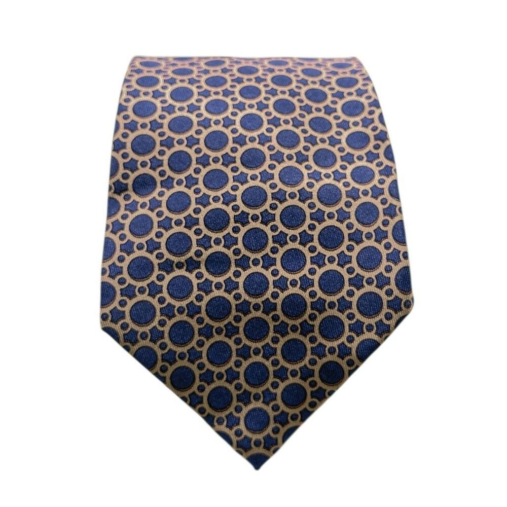 Hermes Paris Tie 7774 FA Blue Beige Circle Geometric Print 100% Silk France - Picture 5 of 6
